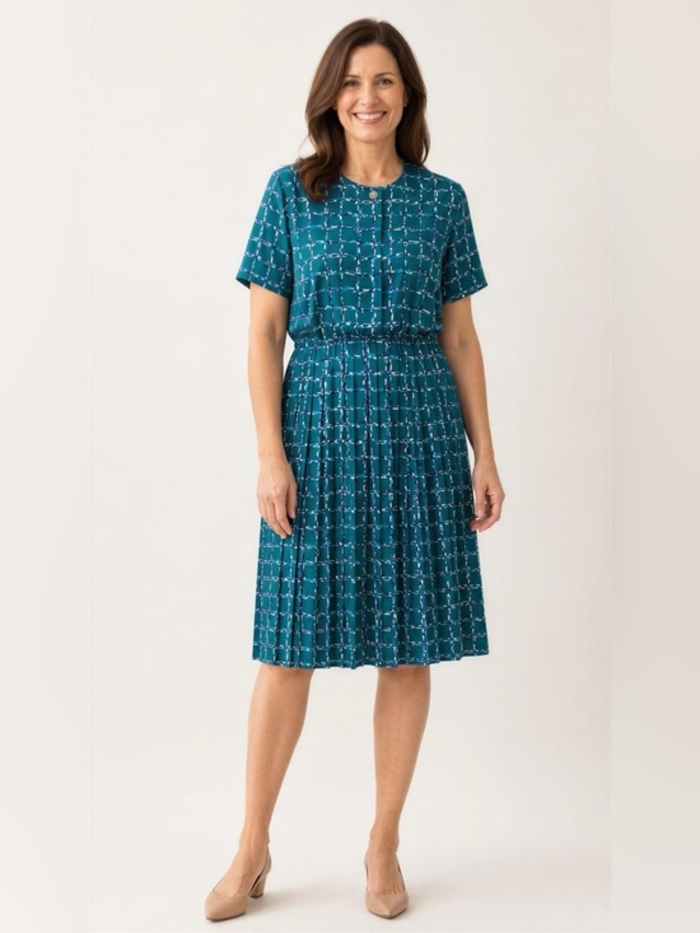 Vintage Leslie Fay Teal Grid-Pattern Pleaded Midi Dress
